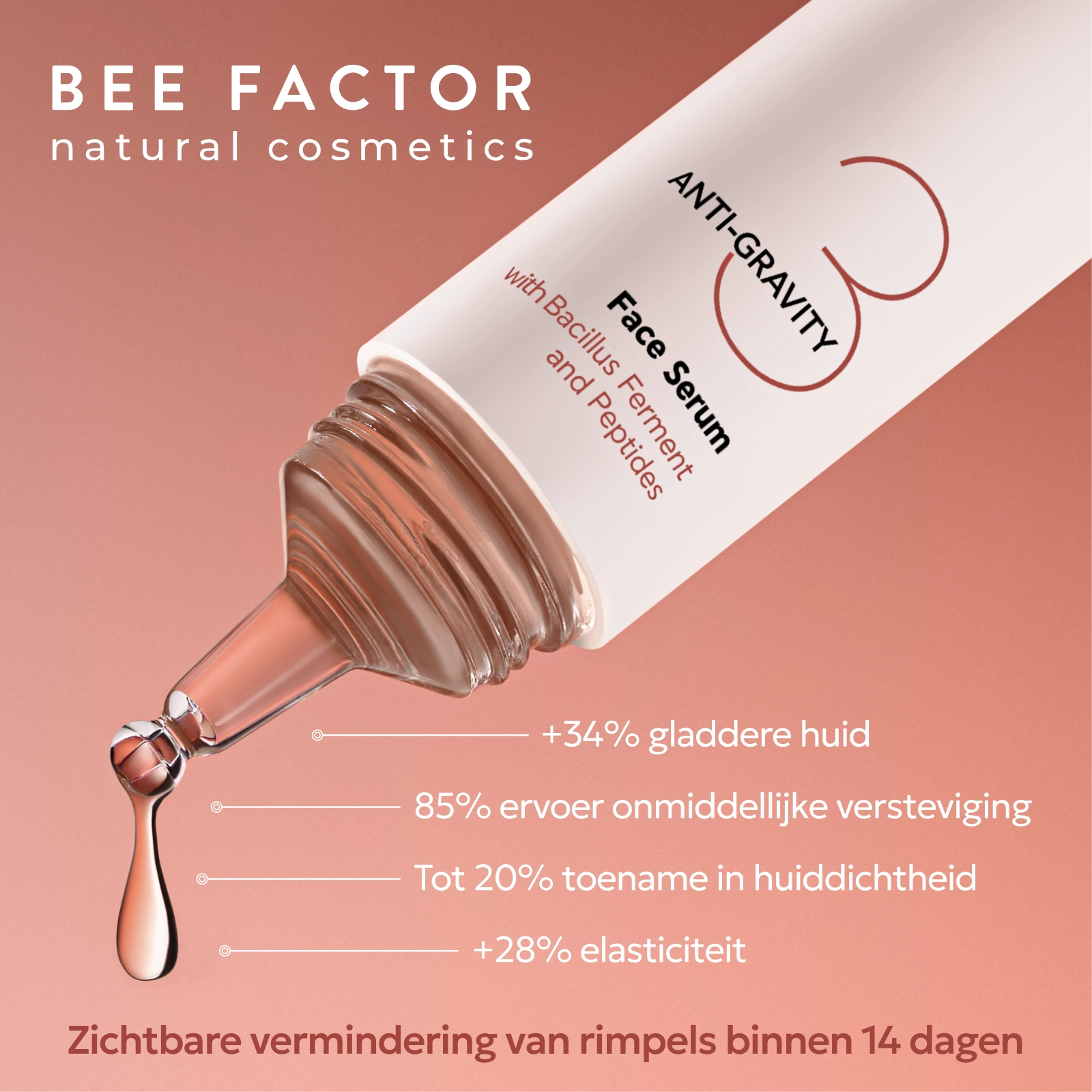 Anti-Gravity-gezichtsserum van Bee Factor met productinformatie in het Nederlands.