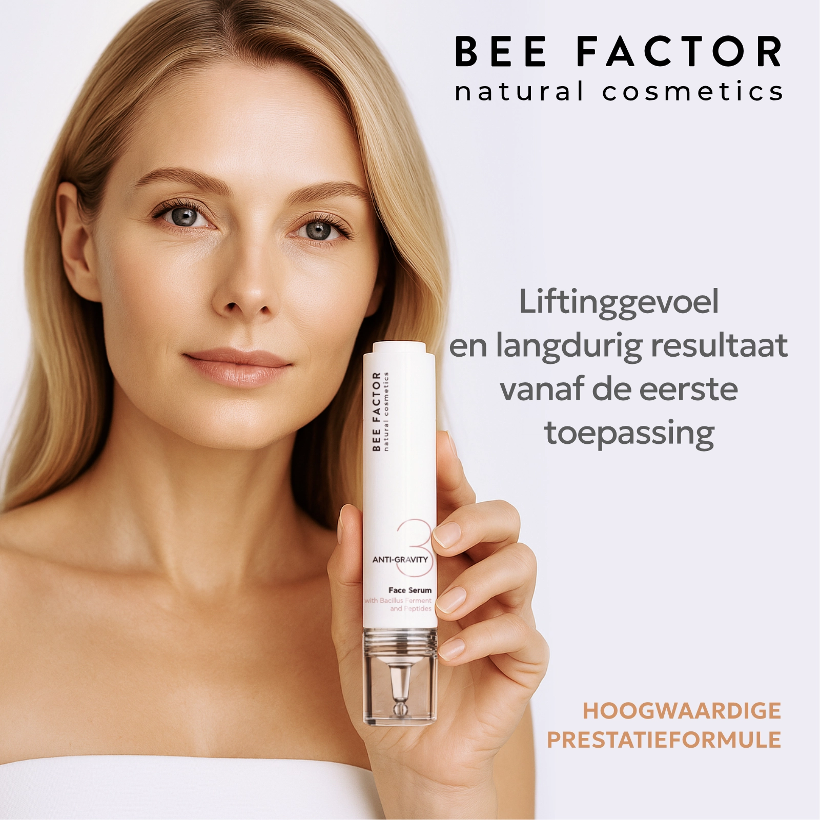 Vrouw met Bee Factor Anti Gravity gezichtsserum en tekst over het liftinggevoel
