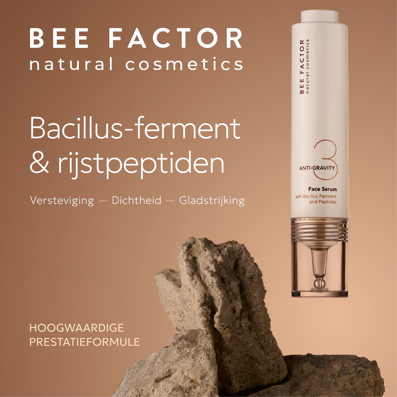 Anti-Gravity-gezichtsserum van Bee Factor met de serumverpakking en een ingrediëntenkaart in het Nederlands.
