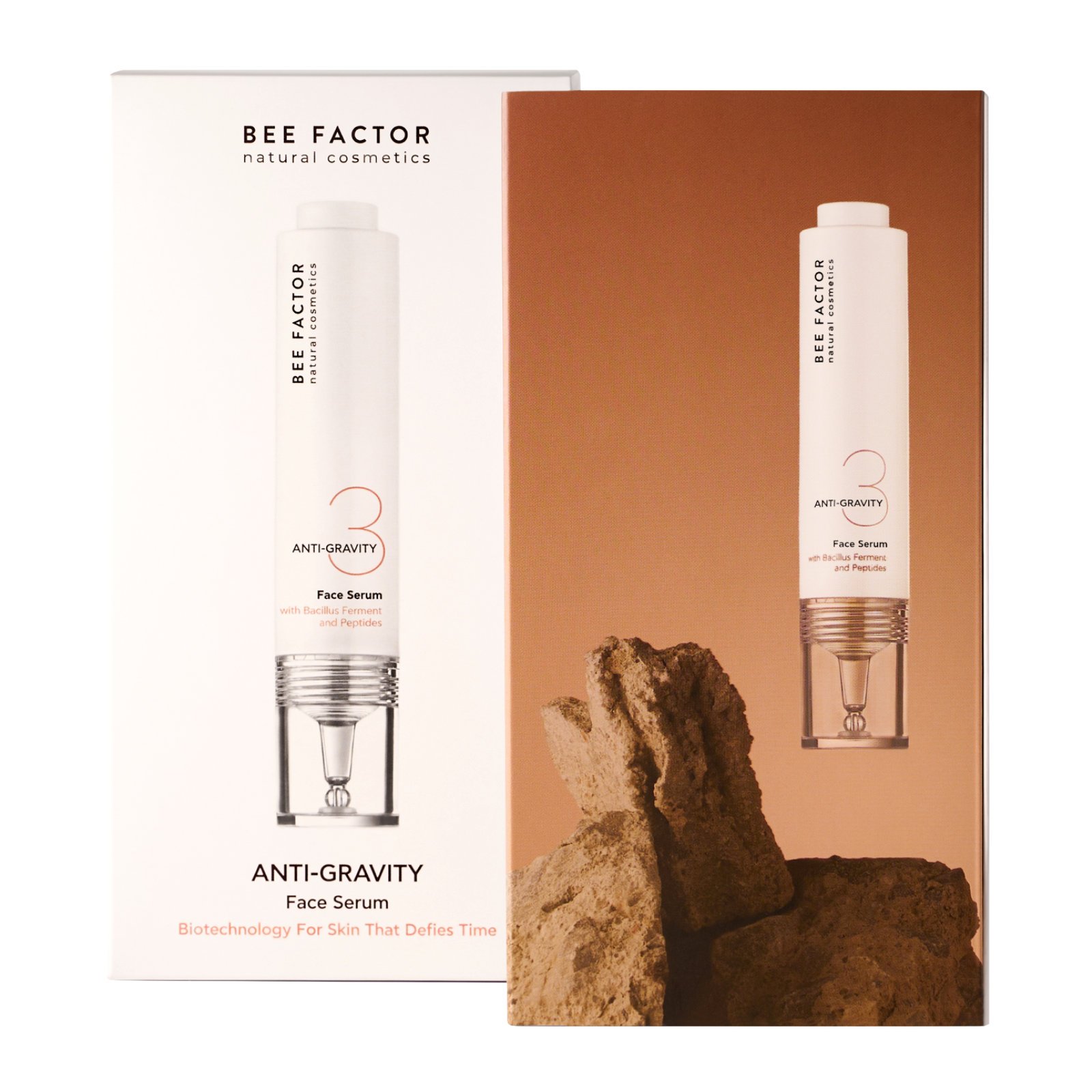 Wit-koperkleurige verpakking van Bee Factor Anti-Gravity-gezichtsserum met een rotscompositie.