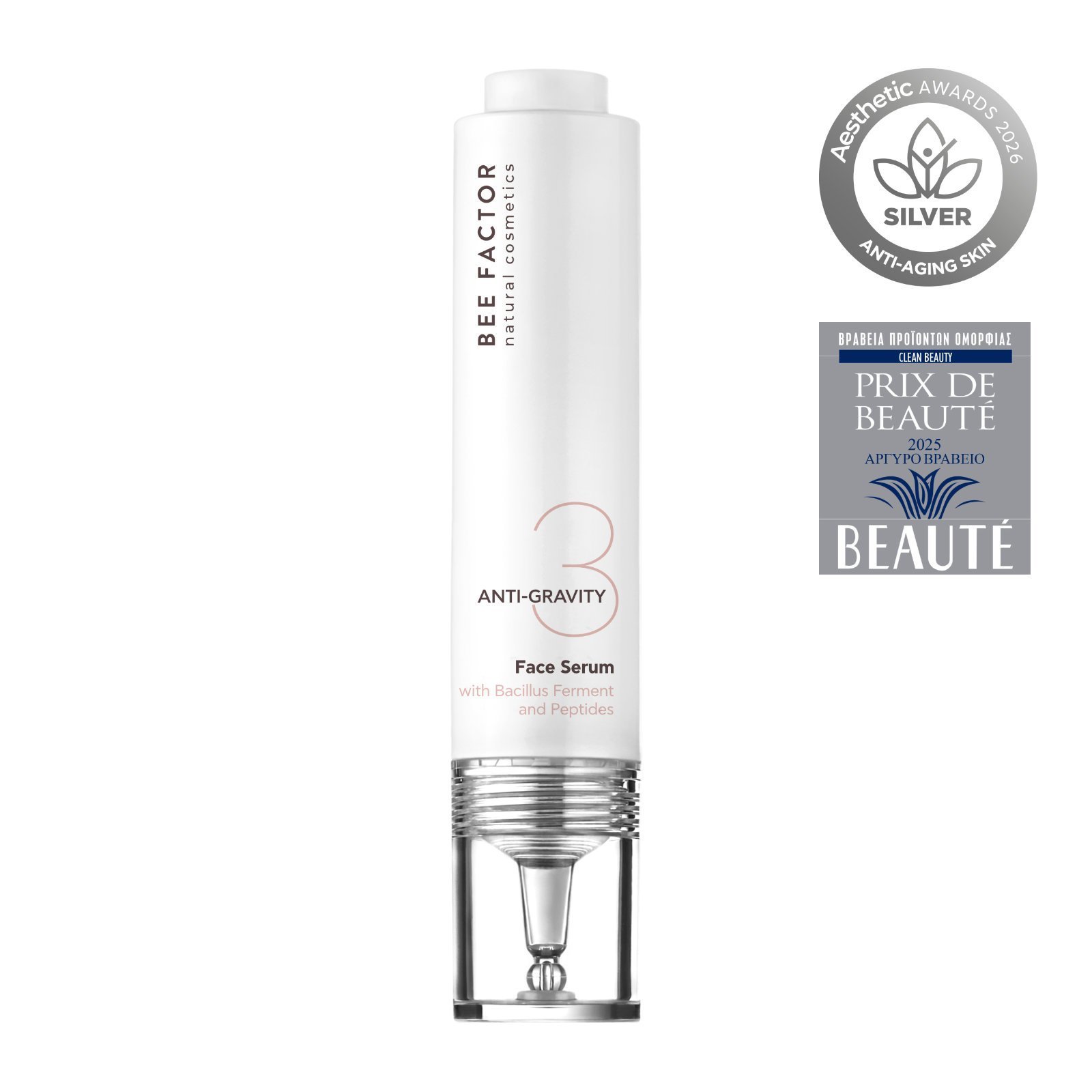 Witte verpakking met zilverkleurige onderkant van Bee Factor Anti-Gravity-gezichtsserum.