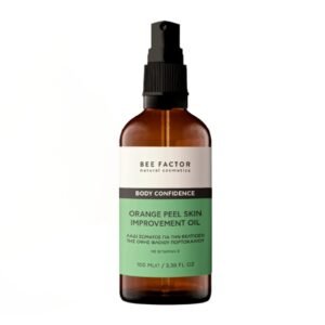 Bruine sprayflacon Bee Factor Anti-Orange Peel-lichaamsolie met groen etiket, 100 ml.