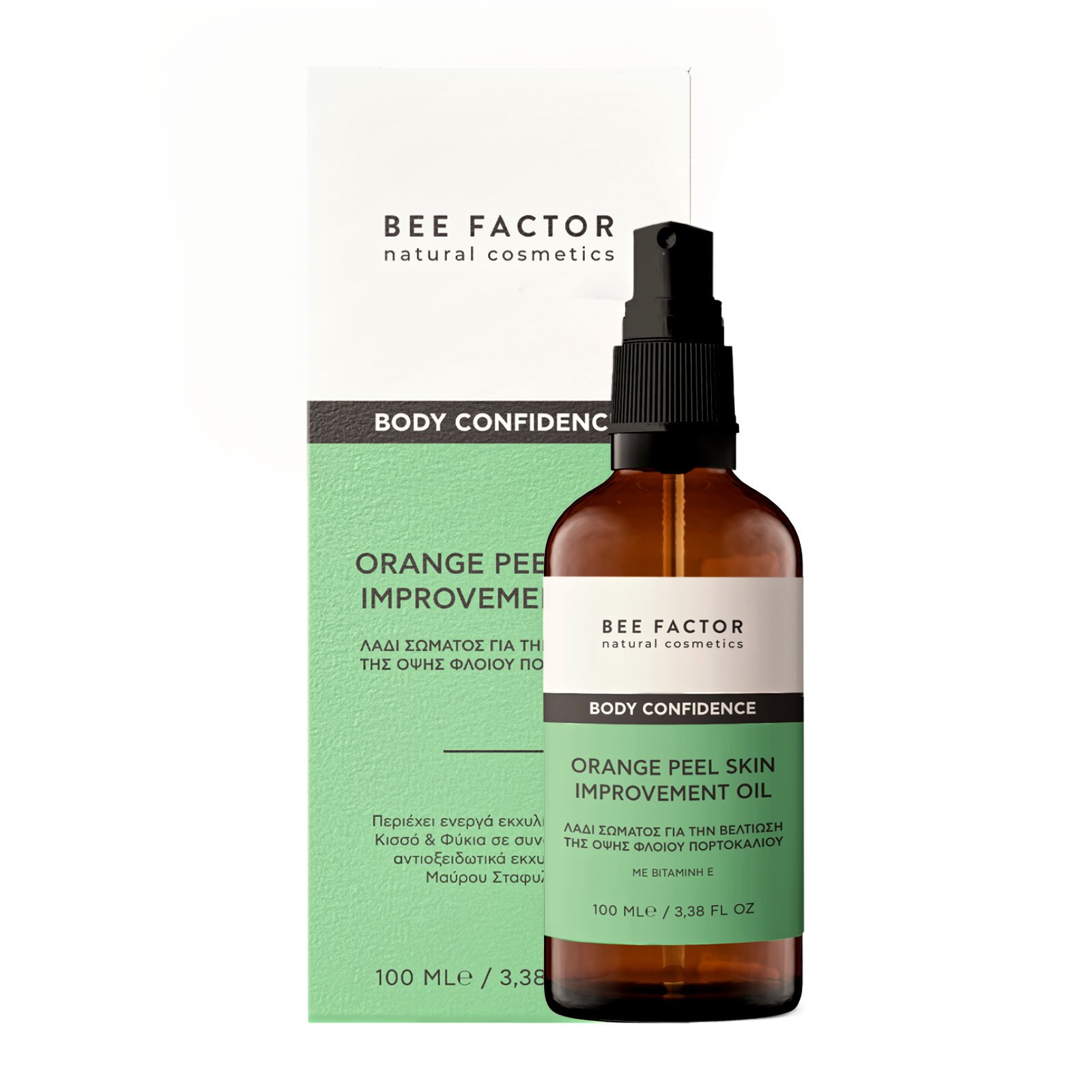 Bruine flacon Bee Factor Anti-Orange Peel-lichaamsolie, 100 ml, met groen-witte verpakking.