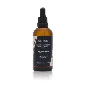 Bruine druppelflacon Bee Factor arganolie met zwart etiket, 100 ml.