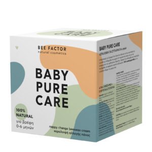 Pastelkleurige doos van Bee Factor Baby Pure Care voor baby’s van 0 tot 6 maanden.