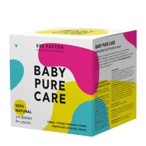Kleurrijke doos van Bee Factor Baby Pure Care voor baby’s vanaf 6 maanden.
