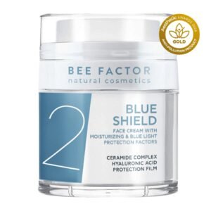 Pot Bee Factor BLUE SHIELD-gezichtscrème met blauw etiket.