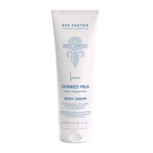 Witte tube Bee Factor bodycrème met ezelinnenmelk en blauwe opdruk, 200 ml.