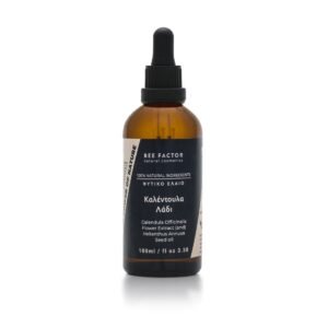 Bruine druppelflacon Bee Factor calendulaolie met zwart etiket, 100 ml.