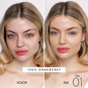 Voor- en nafoto van de getinte dekking van Bee Factor DD Face Cream SPF50, tint 01.