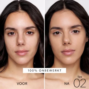 Voor- en nafoto van de getinte dekking van Bee Factor DD Face Cream SPF50, tint 02.