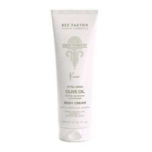 Witte tube Bee Factor bodycrème met olijfolie en groene opdruk, 200 ml.