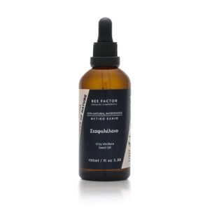 Bruine druppelflacon Bee Factor druivenpitolie met zwart etiket, 100 ml.