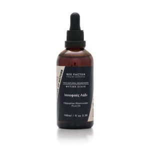 Bruine druppelflacon Bee Factor duindoornolie met zwart etiket, 100 ml.
