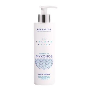 Witte pompflacon Bee Factor Essence of Mykonos-bodylotion.