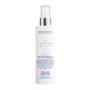 Witte sprayflacon Bee Factor Essence of Mykonos gezichts-, haar- en bodymist met doorzichtige dop.