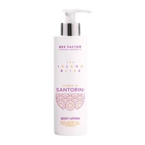 Witte pompflacon Bee Factor Essence of Santorini-bodylotion.