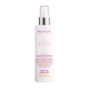Witte sprayflacon Bee Factor Essence of Santorini gezichts-, haar- en bodymist met doorzichtige dop.