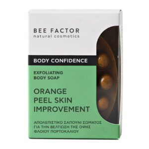 Wit-groene verpakking Bee Factor exfoliërende lichaamszeep met doorkijkvenster.