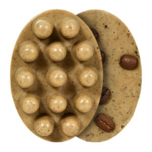 Voor- en achterzijde van de Bee Factor exfoliërende massagezeep op een witte achtergrond.
