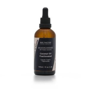 Bruine druppelflacon Bee Factor gefractioneerde kokosolie met zwart etiket, 100 ml.