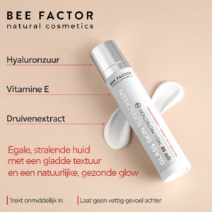 Glass Skin-zonnebrandcrème SPF50 van Bee Factor met de flacon en Nederlandse ingrediënteninformatie.