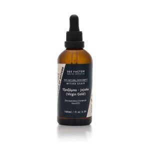Bruine druppelflacon Bee Factor gouden jojobaolie met zwart etiket, 100 ml.