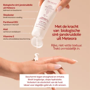 Handcrème van Bee Factor met een hand, een witte tube en Nederlandse ingrediënteninformatie.