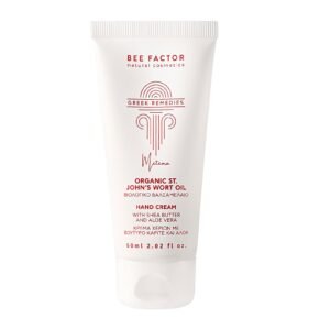 Witte tube Bee Factor handcrème met sint-janskruid en donkerrode opdruk, 60 ml.