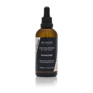 Bruine druppelflacon Bee Factor klimopolie met zwart etiket, 100 ml.