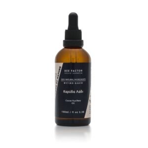 Bruine druppelflacon Bee Factor kokosolie met zwart etiket, 100 ml.
