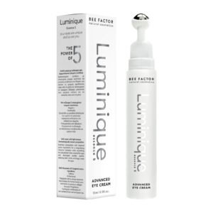 Verpakking en witte flacon met metalen applicator van Bee Factor Luminique Essence 5-oogcrème.