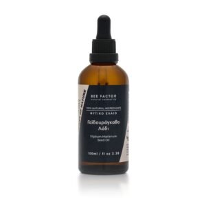 Bruine druppelflacon Bee Factor mariadistelzaadolie met zwart etiket, 100 ml.