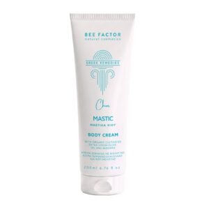 Witte tube Bee Factor mastiek-bodycrème met turquoise opdruk, 200 ml.