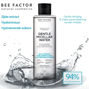 Fles Bee Factor Mild micellair water van 200 ml in een watersplash, met Nederlandse tekst over ingrediënten.