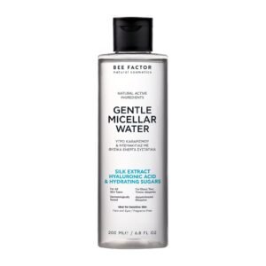 Doorzichtige fles Bee Factor mild micellair water met zwarte dop, 200 ml.