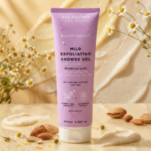Paarse tube Multi Pleasures-douchegel van Bee Factor met kamillebloemen en amandelen.