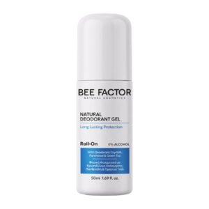 Witte roll-on Bee Factor natuurlijke deodorantgel met blauw etiket, 50 ml.