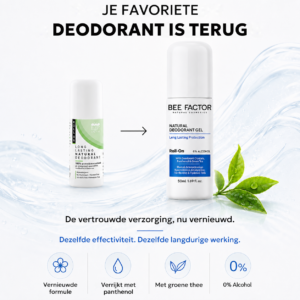 Bee Factor natuurlijke deodorantgel: oude en vernieuwde verpakking, verrijkt met panthenol en groene thee, met 0% alcohol.