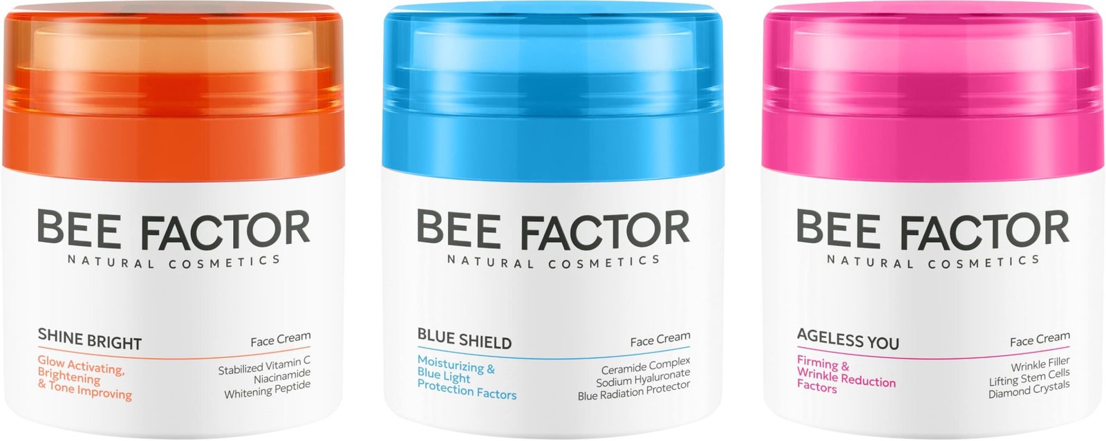De gezichtscrèmes SHINE BRIGHT, BLUE SHIELD en AGELESS YOU van Bee Factor met oranje, blauwe en roze doppen.