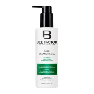 Witte flacon Bee Factor Face Cleansing Gel van 200 ml met zwarte doseerpomp en groen etiket, op een witte achtergrond.
