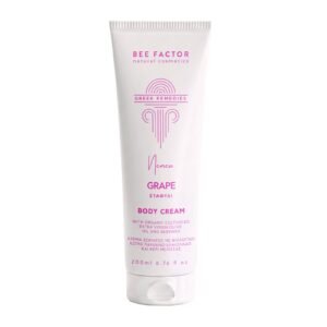 Witte tube Bee Factor bodycrème met druiven en magenta opdruk, 200 ml.