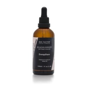 Bruine druppelflacon Bee Factor sesamolie met zwart etiket, 100 ml.