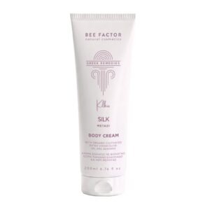 Witte tube Bee Factor Silk-bodycrème met paarse opdruk, 200 ml.