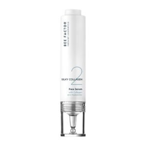 Witte verpakking met zilverkleurige onderkant van Bee Factor Silky Collagen-gezichtsserum.