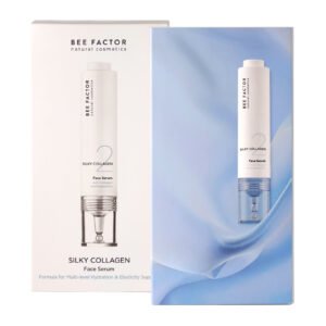Blauw-witte verpakking van Bee Factor Silky Collagen-gezichtsserum.