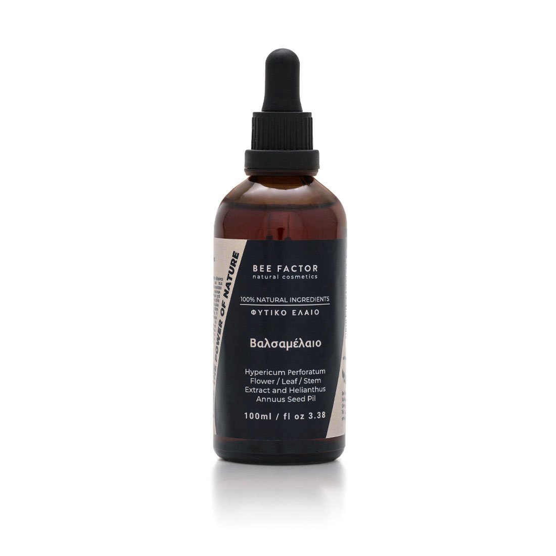 Bruine druppelflacon Bee Factor sint-janskruidolie met zwart etiket, 100 ml.