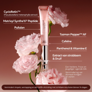 Bee Factor Skin Rebirth oogcrème met roze bloemen en een overzicht van de actieve ingrediënten