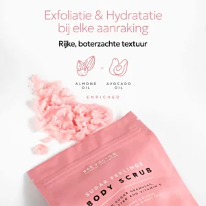 Sugar Feelings-bodyscrub van Bee Factor met roze scrubtextuur en Nederlandse tekst.
