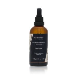 Bruine druppelflacon Bee Factor tarwekiemolie met zwart etiket, 100 ml.